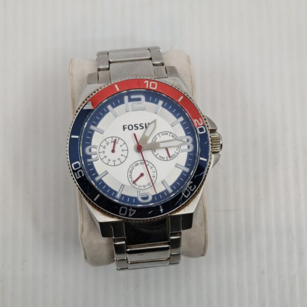 Fossil sport watch for men | Red and blue bezel chronograph | Multifunction stainless steel timepiece | Fossil dive-style watch